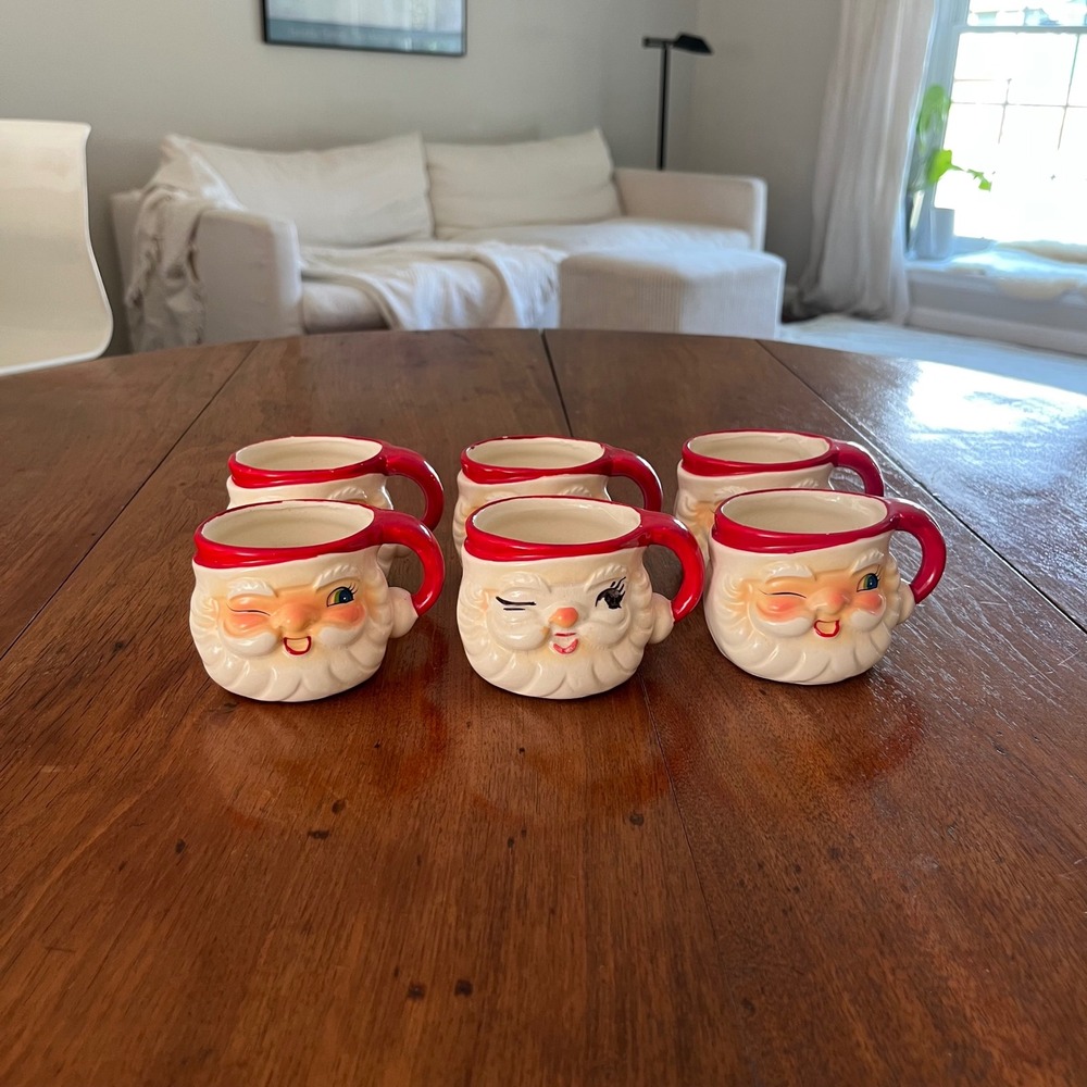 Set of 6 Vintage Winking Santa Mugs, Mid Century MCM Christmas Kitsch Cocoa Cups